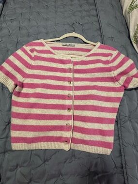 Short-Sleeve Striped Pink and Cream Button-Front Cardigan